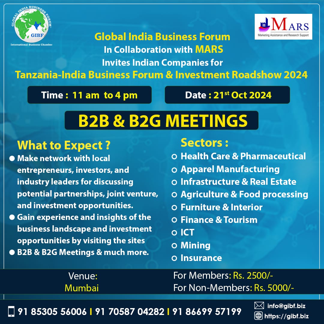 GIBF Upcoming Event - GIBF in collaboration with the MARS Invites Indian Companies for Tanzania-India Business Forum and Investment Roadshow 2024 Post