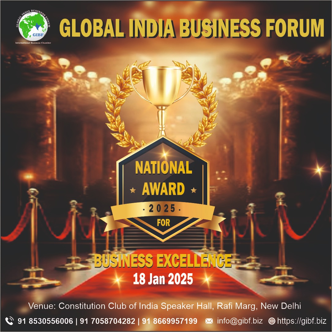 National Award for Business Excellence 2025 event poster featuring details about the awards ceremony hosted by Global India Business Forum, New Delhi