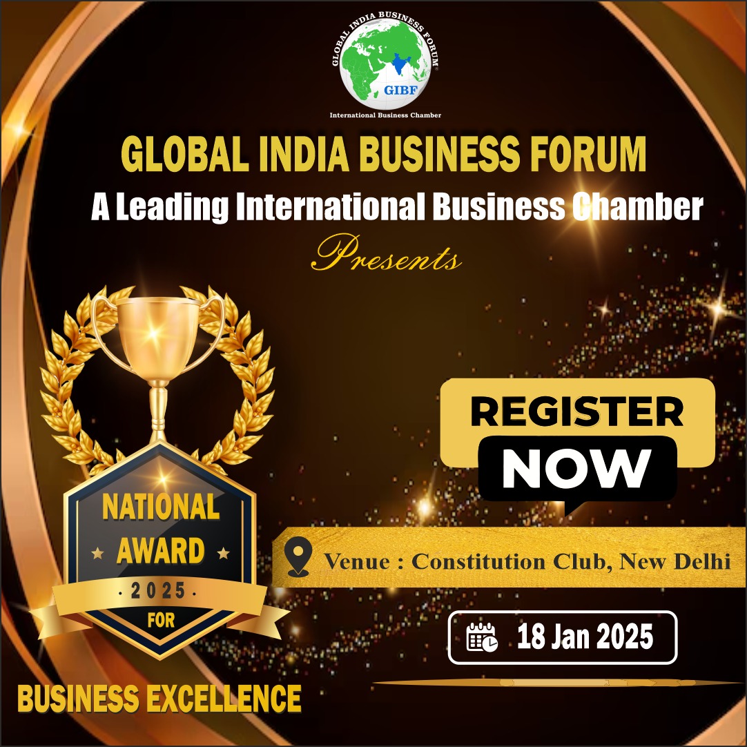 National Award for Business Excellence 2025 event poster featuring details about the awards ceremony hosted by Global India Business Forum, New Delhi