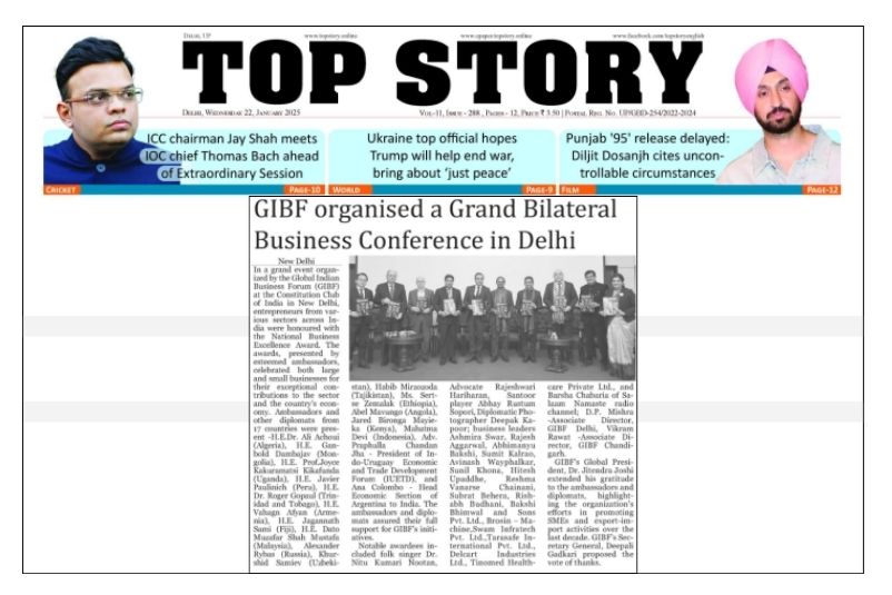 GIBF Print Media - International Bilateral Business Conference and National Business Excellence Awards Delhi 2025, Top Story - 22, Jan