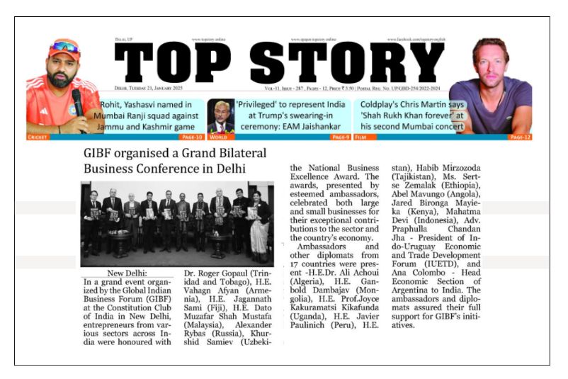 GIBF Print Media - International Bilateral Business Conference and National Business Excellence Awards Delhi 2025, Top Story - 21, Jan